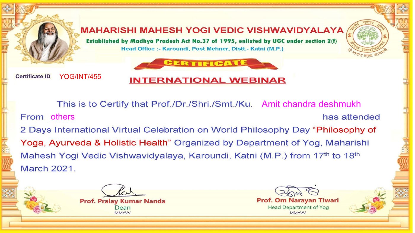 Certificate of attendance, International Webinar on the Philosophy of Yoga, Ayurveda and Holistic Health, 2021