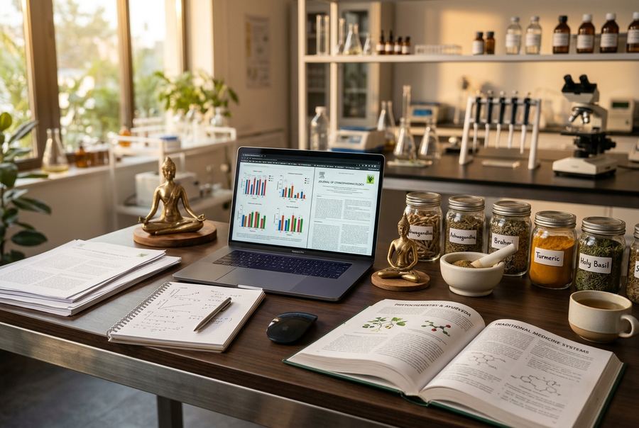 Research desk with notes, books and herbal samples